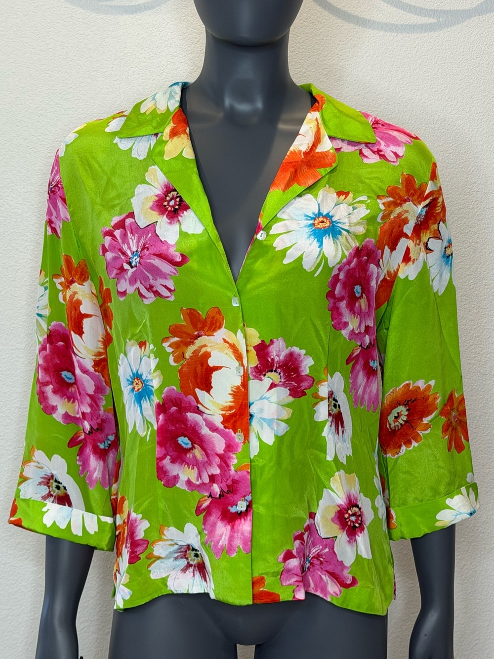 Allison Taylor Silk Blouse Lime Green Pink White Big Floral Design Womens size L